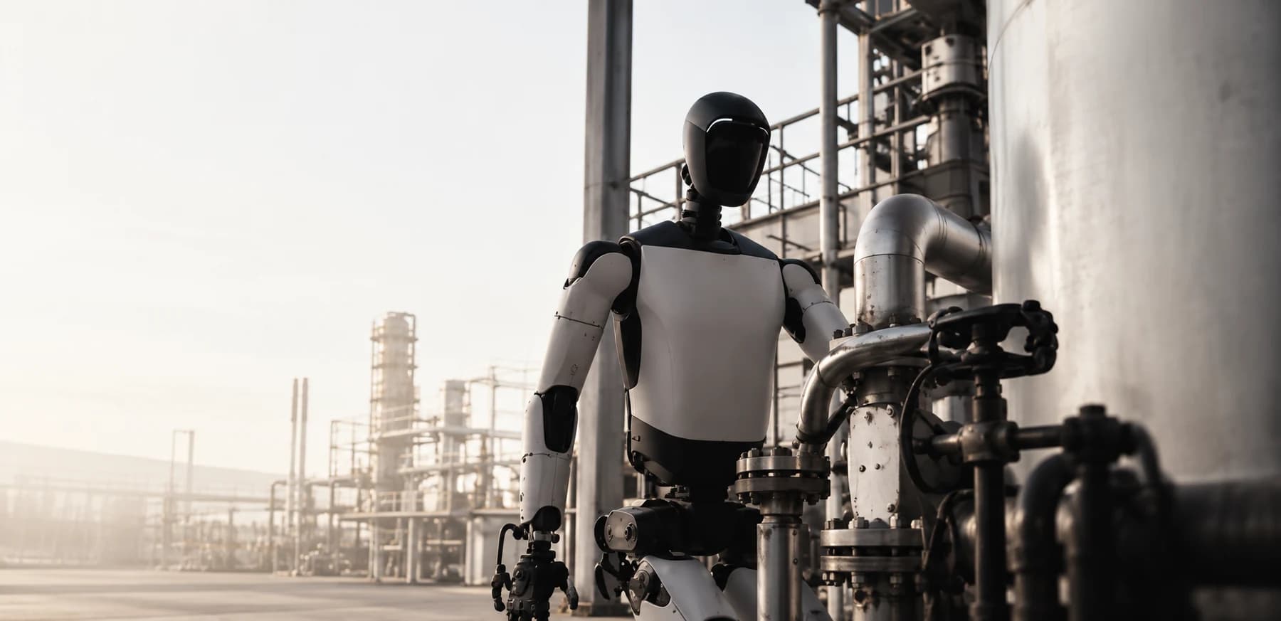 Concept visualization of a humanoid robot operating beside industrial pipework